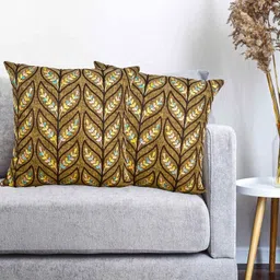 Vinayaka Fab Coffee Brown & Black 2 Pieces Embroidered Linen Square Cushion Covers-image-87