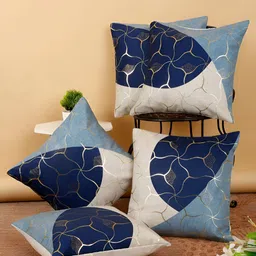 FABINALIV Beige & Navy Blue 5 Pieces Geometric Square Cushion Covers-12