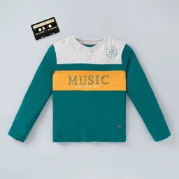 Ed-a-Mamma Boys Teal Green & Off White Colourblocked Henley Neck Cotton T-shirt-image-44