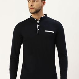 GESPO Men Navy Blue Mandarin Collar T-shirt-image-79