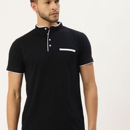 GESPO Men Navy Blue Mandarin Collar T-shirt-image-18