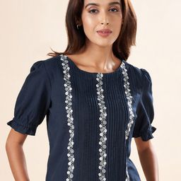 AKKRITI BY PANTALOONS Floral Embroidered Round Neck Puff Sleeves Cotton Regular Top-picture-48