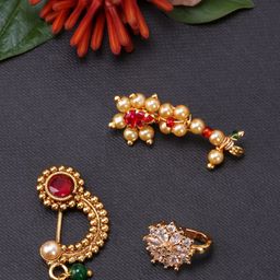 JEWELS GEHNA Set Of 3 Vilandi Gold-Plated & White CZ-Studded & Beaded Nosepins-image-14