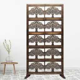 shilpi Brown Handcarved Wooden Room Divider Single Panel Tree Design With Stand-picture-3