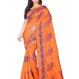 KALINI Orange & Blue Ethnic Motifs Embroidered Silk Blend Maheshwari Saree-image-76