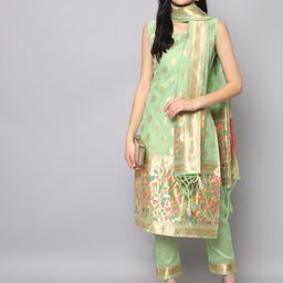 VredeVogel Women Woven Design Sleeveless Kurta with Trousers & Dupatta-23