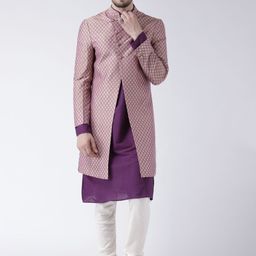 KISAH Men Purple & Off-White Jacquard Kurta Sherwani Set-12