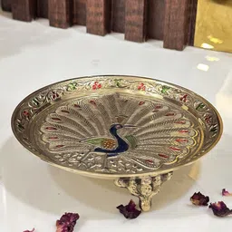 DSH Crafting Your Curiosity Gold & Blue Brass Peacock-design Embossed Pooja Thali-image-25