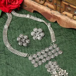 Moedbuille Silver-Plated Stone-Studded Afghan Design Handcrafted Tasselled Jewellery Set-46