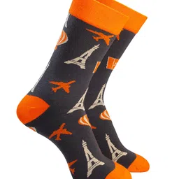 Man Arden Men Dark Grey & Orange Printed Pretty Paris Edition Designer Calf Length Socks-15