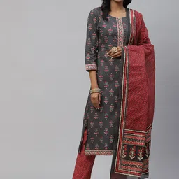 Sasimo Women Charcoal Floral Colourblocked Gotta Patti Pure Cotton Kurta with Trousers & With Dupatta-image-93