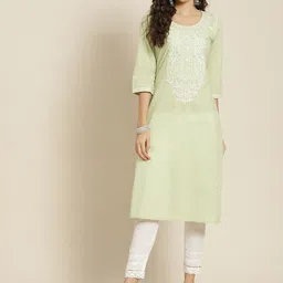 Juniper Women Green & White Ethnic Motifs Yoke Design Kurta-picture-12