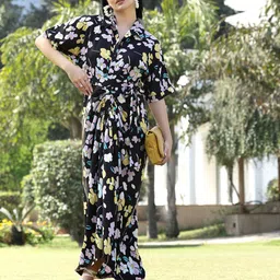 plusS Black & Pink Floral Printed Extended Sleeves Shirt Maxi Dress-49