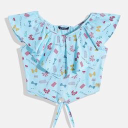 Allen Solly Junior Girls Blue & Pink Conversational Print Blouson Top with Tie-Ups-picture-18