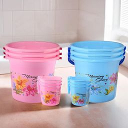 Kuber Industries Pink & Blue 10 piece Floral Plastic Bath Accessories Set-12
