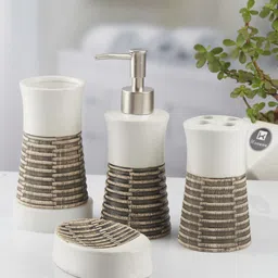 Kookee White & Brown 4 piece Abstract Ceramic Glossy Bath Accessories Set-1