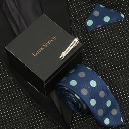 LOUIS STITCH Men Polka Dotted Blue Italian Silk Necktie Accessory Gift Set-8