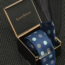 LOUIS STITCH Men Polka Dotted Blue Italian Silk Necktie Accessory Gift Set-17