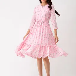 AASK Polkia dots Print Crepe Fit & Flare Dress-image-18