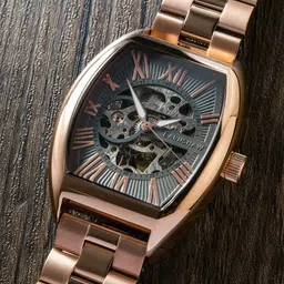 EARNSHAW Men Grey Brass Skeleton Dial & Rose Gold Toned Stainless Steel Analogue Watch-image-7