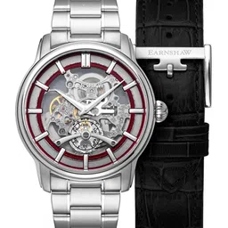 EARNSHAW Men Red Brass Embellished Dial & Silver Toned Stainless Steel Bracelet Style Straps Analogue Watch-12