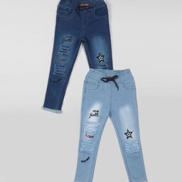 A-Okay Girls Pack of 2 Slim Fit High-Rise Cotton Heavy Fade Embroidered Jeans-image-22