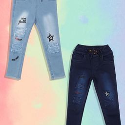 A-Okay Girls Pack Of 2 Slim Fit High-Rise Mildly Distressed Light Fade Embroidered Jeans-image-81