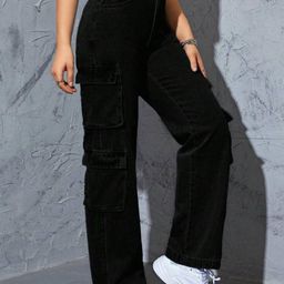 BROADSTAR Women Smart Wide Leg High-Rise Cotton Cargo Jeans-image-92