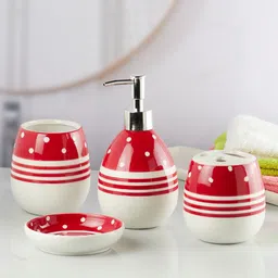 Kookee White & Red 4 Pieces Ceramic Geometric Printed Bath Accessories Set-56