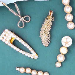 Yellow Chimes Women Set of 6 Gold & White Embellished Hair Accessory-41