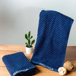 Nautica Set Of 2 Navy Blue Solid Pure Cotton 600 GSM Hand Towels-1