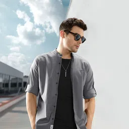 Roadster Men Castle Rock Slim Fit Opaque Mandarin Collared Sustainable Casual Shirt-image-40