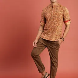 Taavi Men Mustard Yellow Kalamkari Block Printed Straight Sustainable Kurta with Roll-Up Sleeves-picture-7