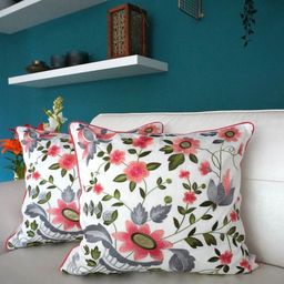 TARA- Sparkling Homes Pink & White 2 Pieces Floral Cotton Silk Square Cushion Covers-14