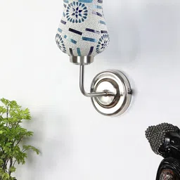 Devansh White & Blue Textured Mosaic Glass Mounted Wall Lamp Steel Base-6