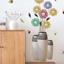 Jaamso Royals Yellow & Blue Flower Vase Printed Self-Adhesive Removable Wall Sticker-19