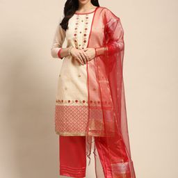 Rajnandini Beige & Coral Embroidered Unstitched Dress Material-image-50