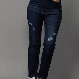 SHOWOFF Women Navy Blue Jean Straight Fit High-Rise Mildly Distressed Light Fade Stretchable Jeans-image-96