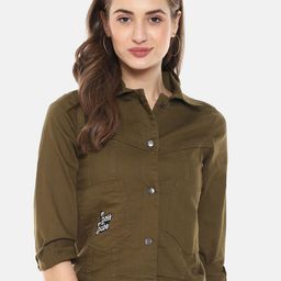 Campus Sutra Women Olive Green Windcheater Denim Jacket with Embroidered Detail-image-48