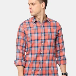 NIRVAAN Men Peach Tartan Checked Cotton Classic Slim Fit Casual Shirt-image-39