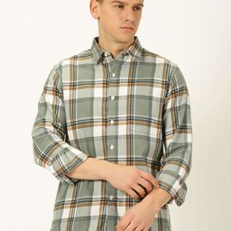 Harvard Olive Green Standard Slim Fit Tartan Checks Flannel Spread Collar Casual Shirt-image-15