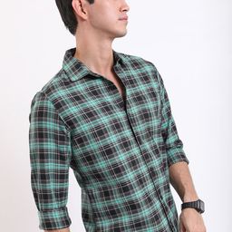 HIGHLANDER Green Tartan Checks Checked Slim Fit Cotton Casual Shirt-image-3