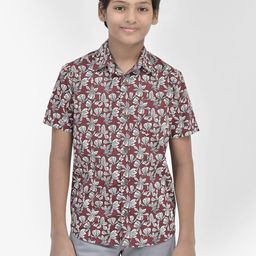 Crimsoune Club Boys Floral Printed Spread Collar Slim Fit Cotton Casual Shirt-image-55