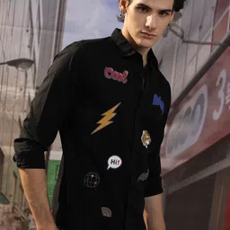 HIGHLANDER Black Slim Fit Conversational Printed Cotton Casual Shirt-image-68