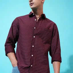 HIGHLANDER Maroon Slim Fit Horizontal Stripes Spread Collar Cotton Casual Shirt-image-35
