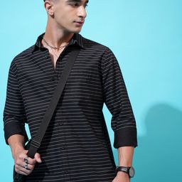 HIGHLANDER Black Slim Fit Horizontal Stripes Spread Collar Cotton Casual Shirt-image-79