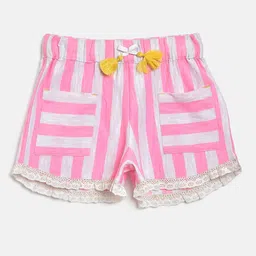 Cherry Crumble Girls Pink Striped Lace & Tasselled Bow Detail Shorts-image-21