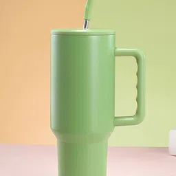 HOUSE OF QUIRK Green Steel Coffee Cups For Hot Drinks With Handle & Straw-1182ml-35