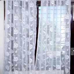 exporthub White Polyester Floral 7 Ft Sheer Eyelet 2 Door Curtains-picture-6