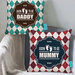 TIED RIBBONS Red & Green Set of 2 Typography Print Cushion Covers with Filler-24